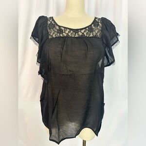 Zenobia Black Sheer Lace Yoke Flutter Sleeve Boho Blouse Top (1193)